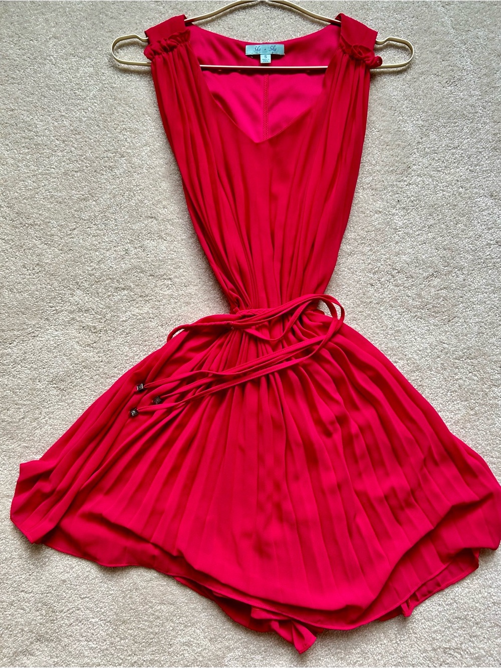 She and Sky Fuchsia Pink Pleated Mini Dress with Waist Tie